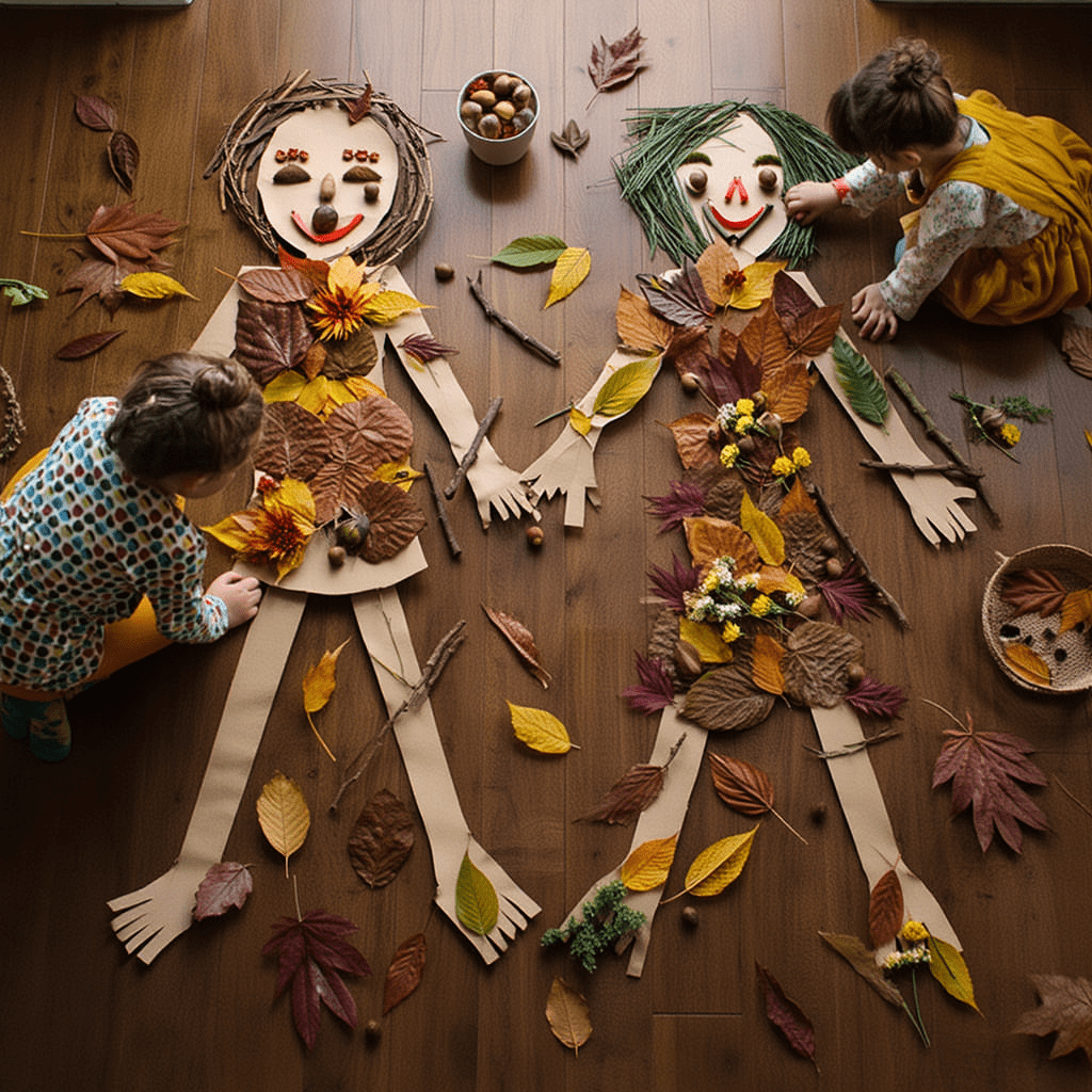 Creating Magical Autumn Nature People: A Complete EYFS Activity Guide 4 Two life-sized figures made from paper and decorated with autumn leaves, twigs, and acorns, with children engaged in the creative process.