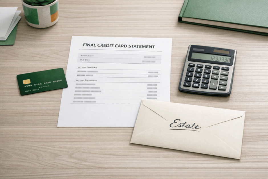 Picture of credit card, calculator, envelope with estate on it and a credit card statement representing credit card debt when you die