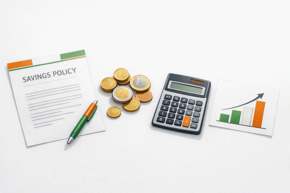Picture of calculator and pen and savings policy representing calculation of life savings and investment policies tax calculation