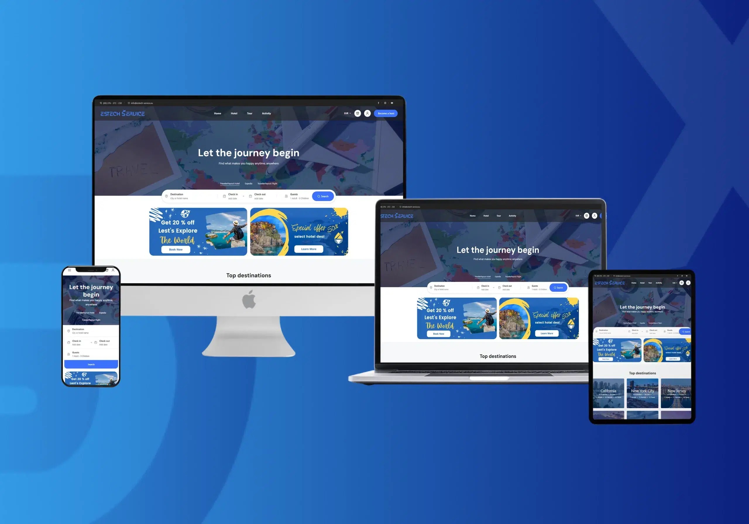 Estech Service was designed and developed to be a high-end tourism agency website that offers hotel bookings, travel packages, flight tickets, and car rentals with an automation rate reaching 70%. The project was executed from inception to final launch, including establishing the company in the United Kingdom and handling all necessary procedures.