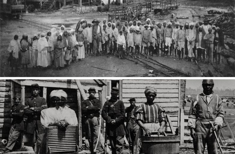 Top: Photograph of indentured Indian labourers at Spring Garden Buildings. Jamaica, 1880 (Image from the National Archive); Bottom: Contrabands at headquarters of Gen. Lafayette, 1862. Contrabands was an expression coined by Gen. Benjamin F. Butler to describe escaped slaves (Photo by Mathew B. Brady courtesy Beinecke Rare Book & Manuscript Library/Yale University via Wikimedia Commons)