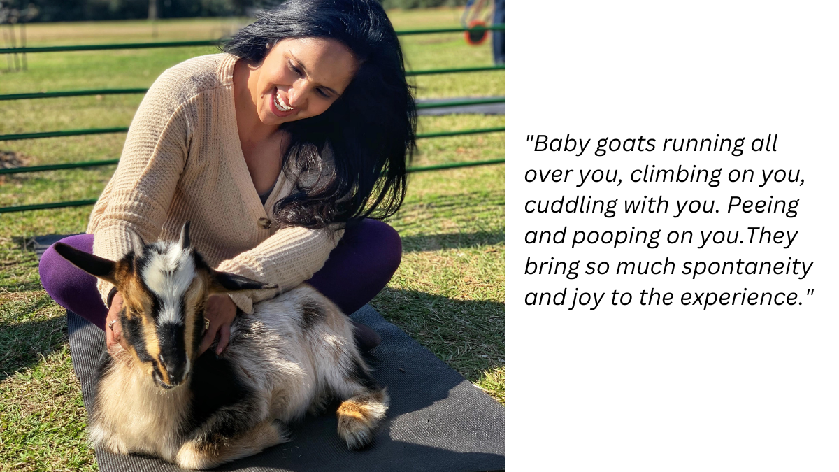 Aparna Shewakramani from Netflix South Asian dating show Indian-Matchmaking, on a baby goat yoga date (image courtesy: Aparna Shewakramani).