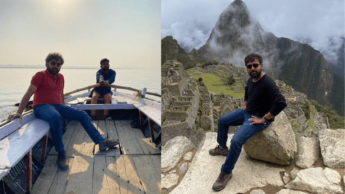 This is a collage of two photos. On the left is the author Lalit Kumar on a boat in the River Ganga at Varanasi. On the right is a photo of the author atop the Peruvian citadel of Machu Picchu. (Photos courtesy: Lalit Kumar)