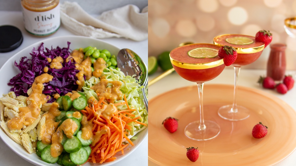 These are images of a salad with ginger and sesame peanut dressing (left) and roasted strawberries in gin & lime (right). (Images courtesy: Signature Concoctions)