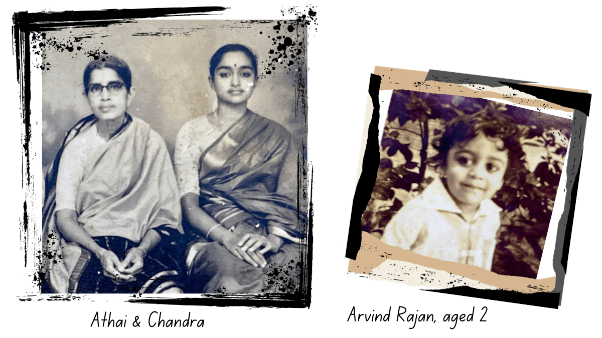 Two saree-clad ladies sit together while a little boy smiles out of another image