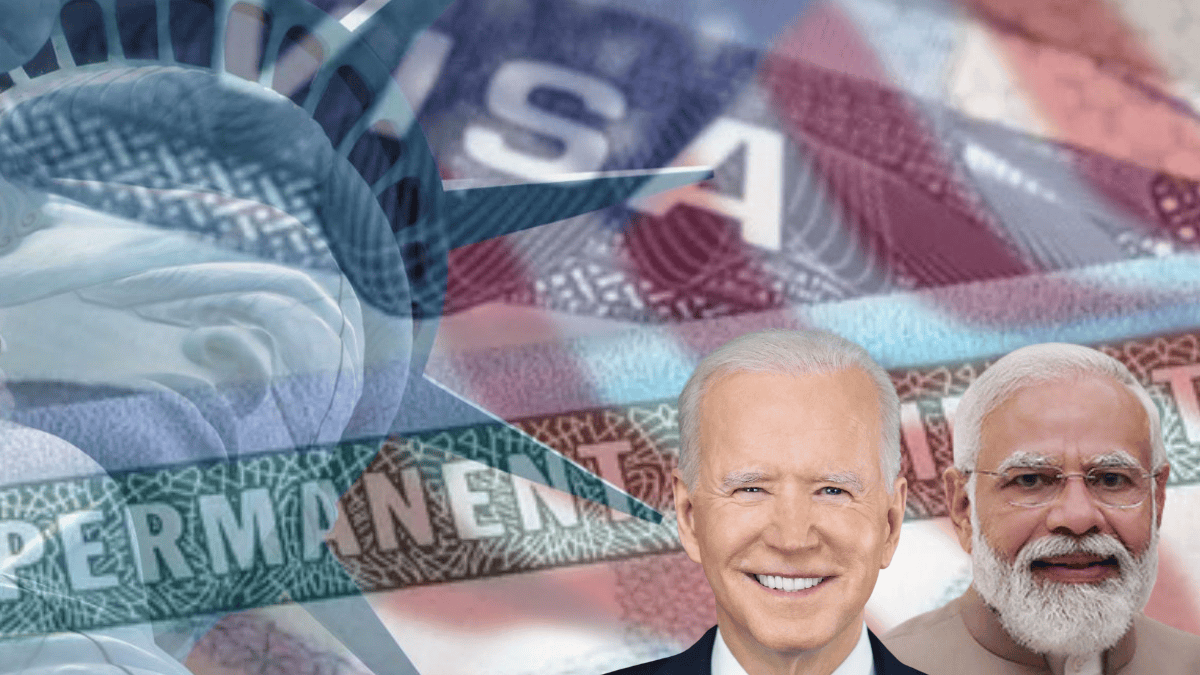 A representative image of US flag, Statue of Liberty, Permanent Visas etc. Images of two men- Indian Prime Minister Narendra Modi and US President Joe Biden