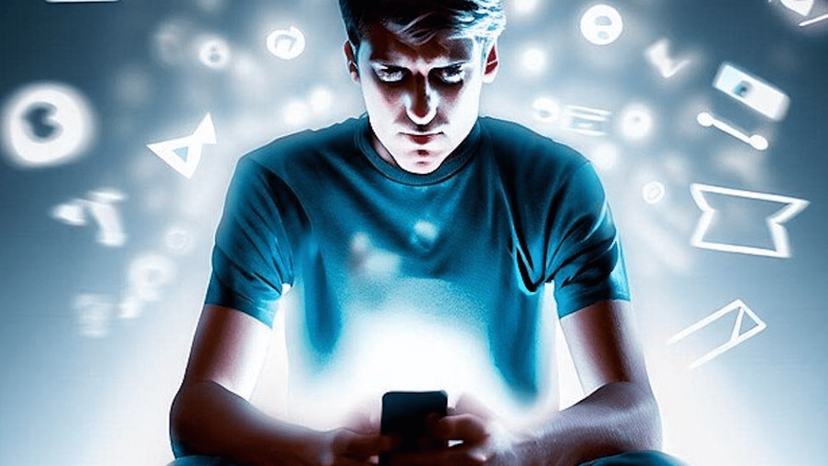 A boy stares at his phone