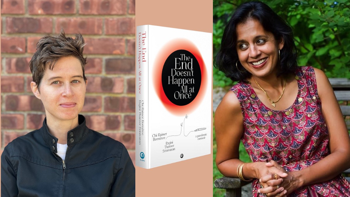 Two women and a book cover in the center.