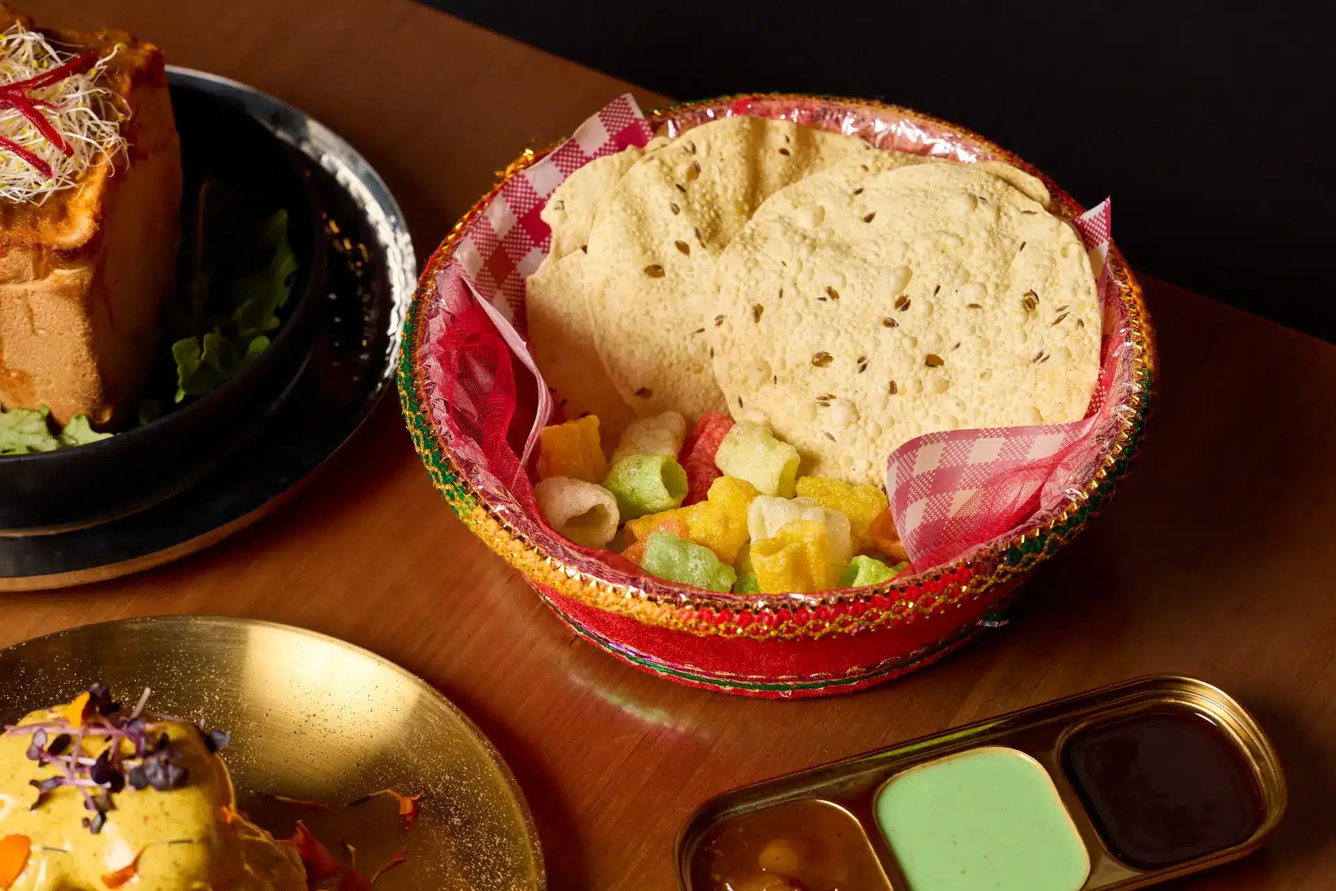 Colourful snacks in decorative bowl