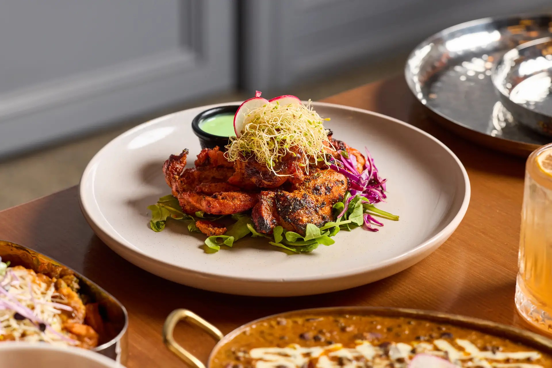 Grilled prawns with fresh garnish.