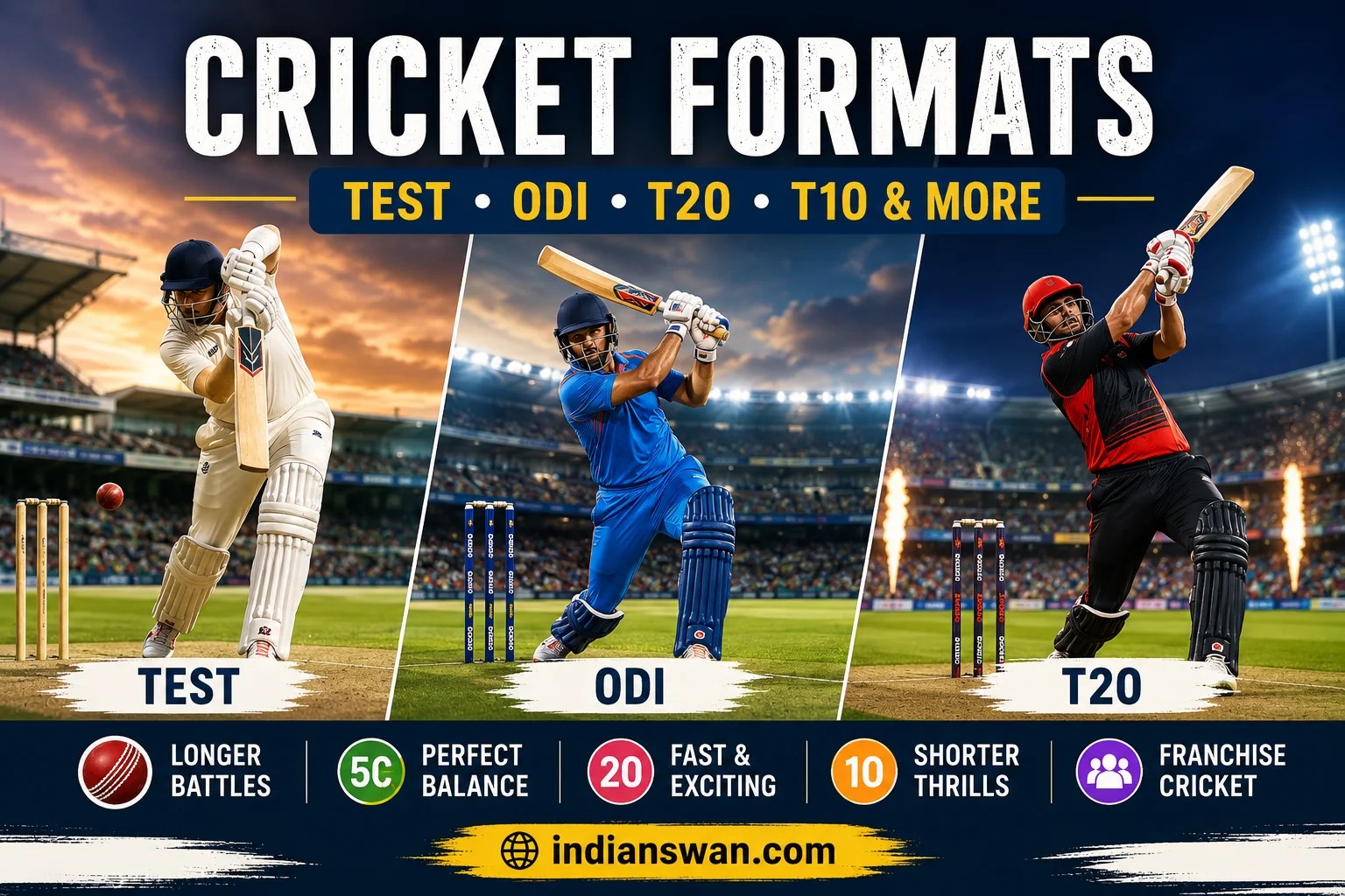 Learn about all major cricket formats including Test, ODI, T20, T10, First-Class, List A and franchise cricket, with a detailed Test vs ODI vs T20 comparison.