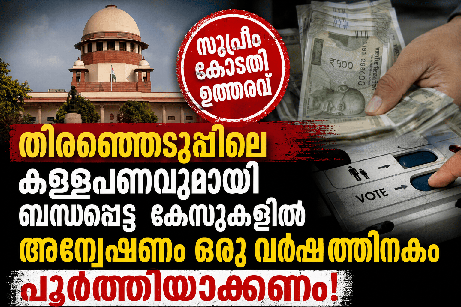 തിരഞ്ഞെടുപ്പിലെ കള്ളപ്പണവുമായി ബന്ധപ്പെട്ട കേസ്സുകളിൽ അന്വേഷണം ഒരു വർഷത്തിനകം പൂർത്തിയാക്കണം,സുപ്രീംകോടതി