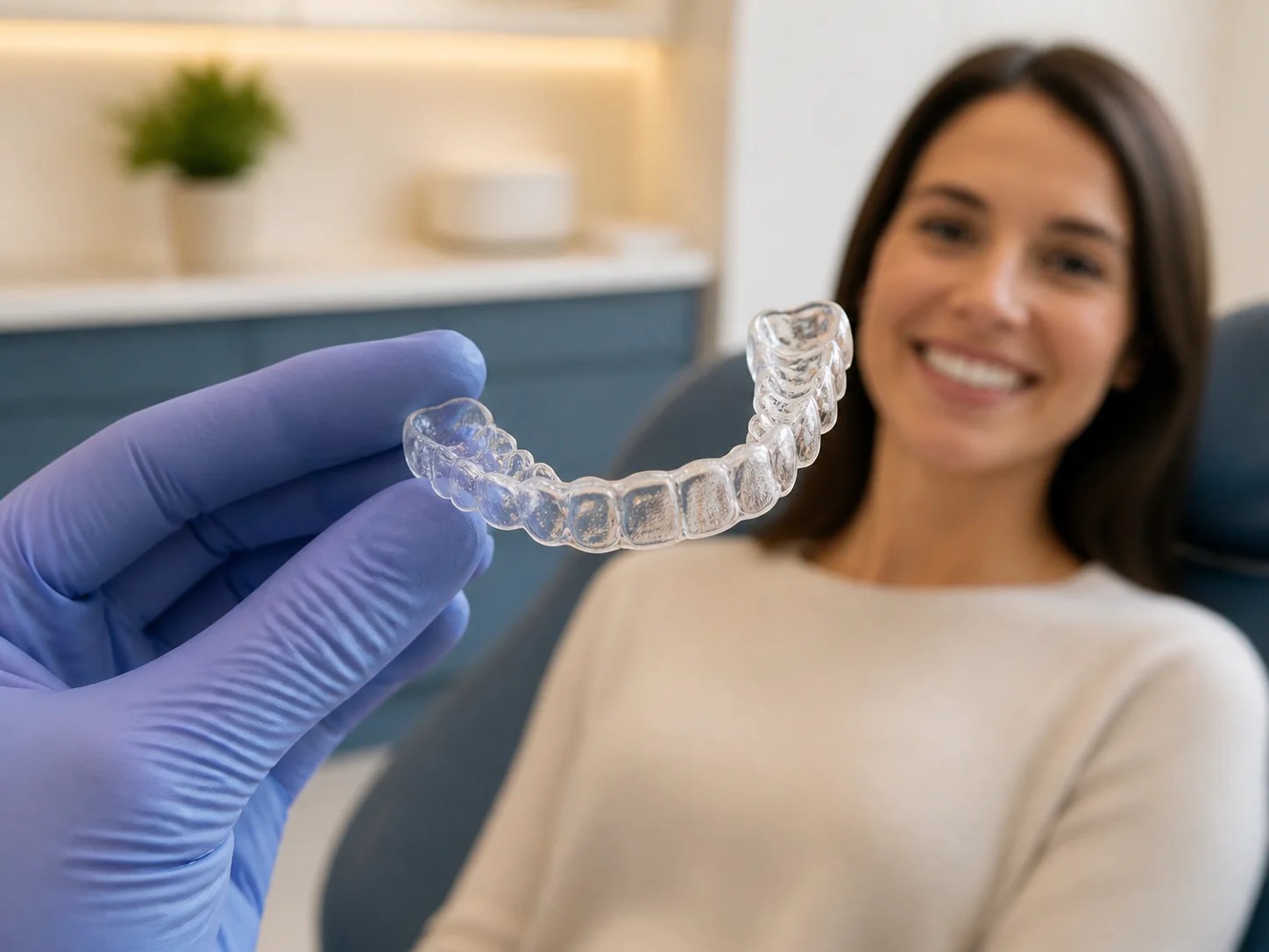 Clear dental aligner held in front of a smiling patient