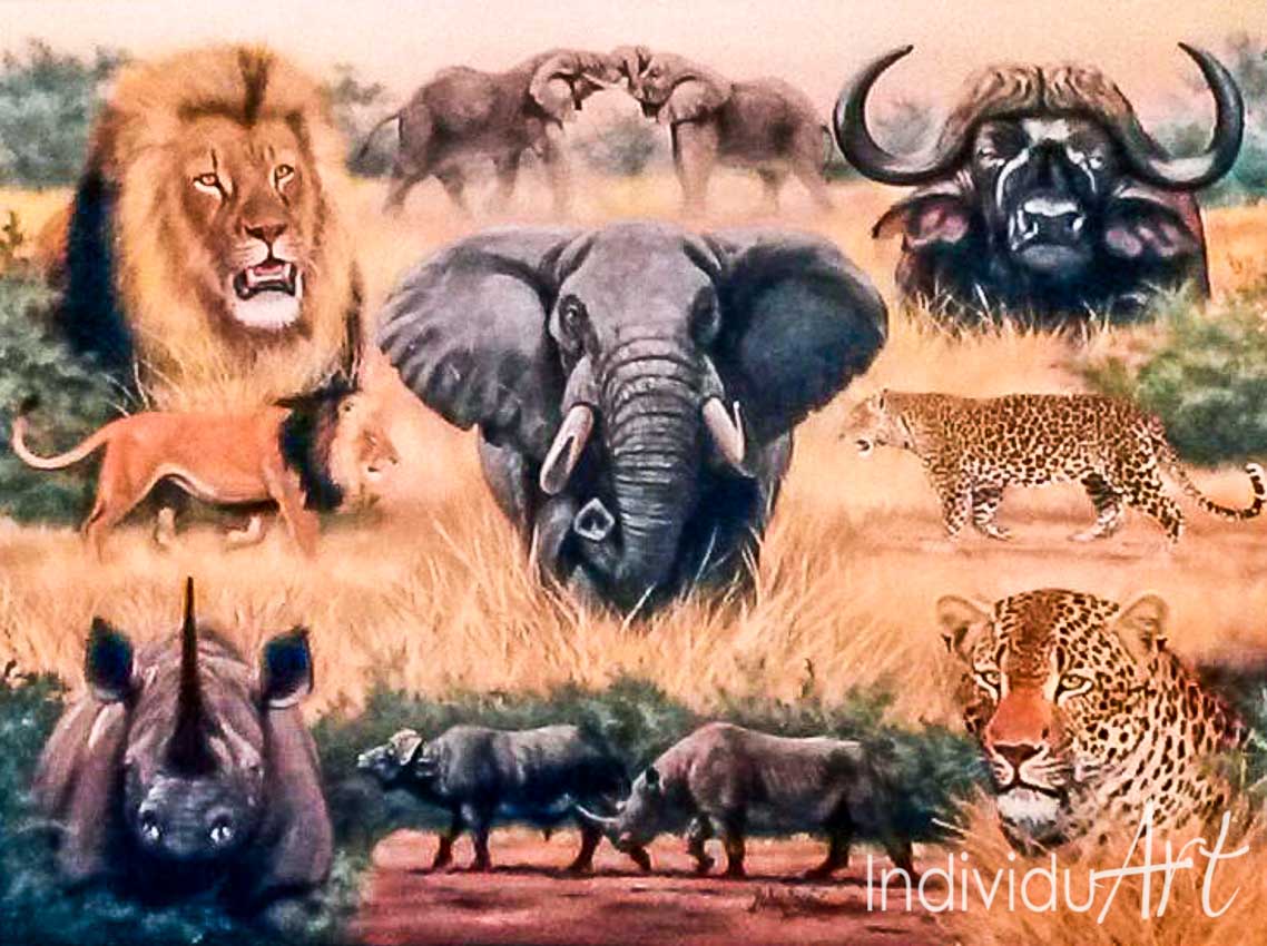 Big Five Oil Painting Lion Leopard Buffalo Elephant Rhino
