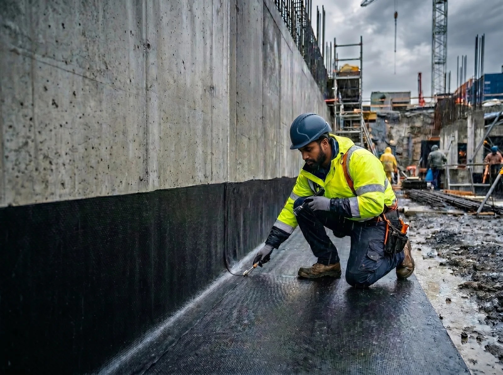 waterproofing application on retaining wall