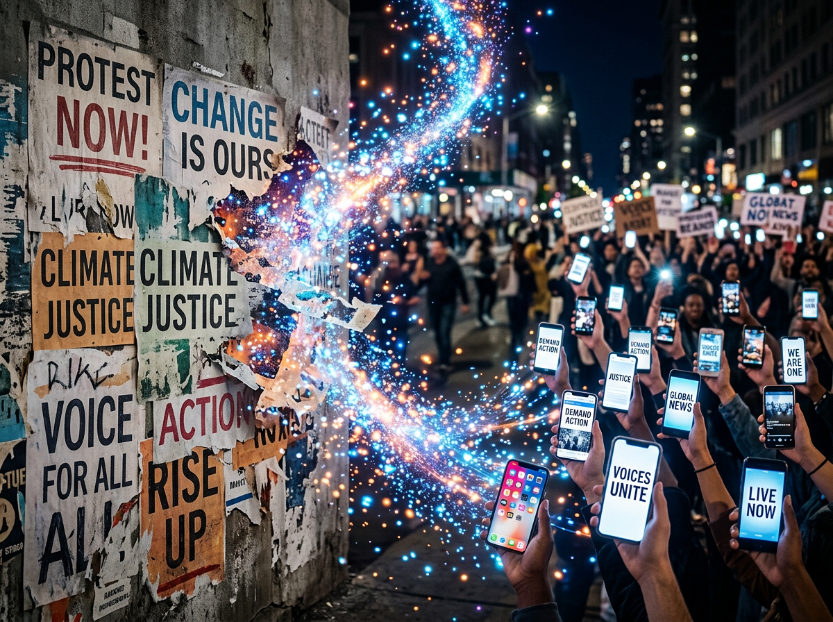 Climate justice protest with posters reading “PROTEST NOW,” “CHANGE IS OURS,” and phones displaying “VOICES UNITE.”