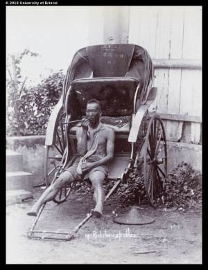 A ‘two-seater’ rickshaw, Hong Kong circa 1880s. Note the “indentation in seat” on one side of the cushion (Image courtesy: Historical Photographs of China Collection, University of Bristol, England)