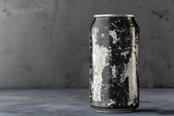 A black beverage can, with a scratched coating, revealing the aluminum underneath.