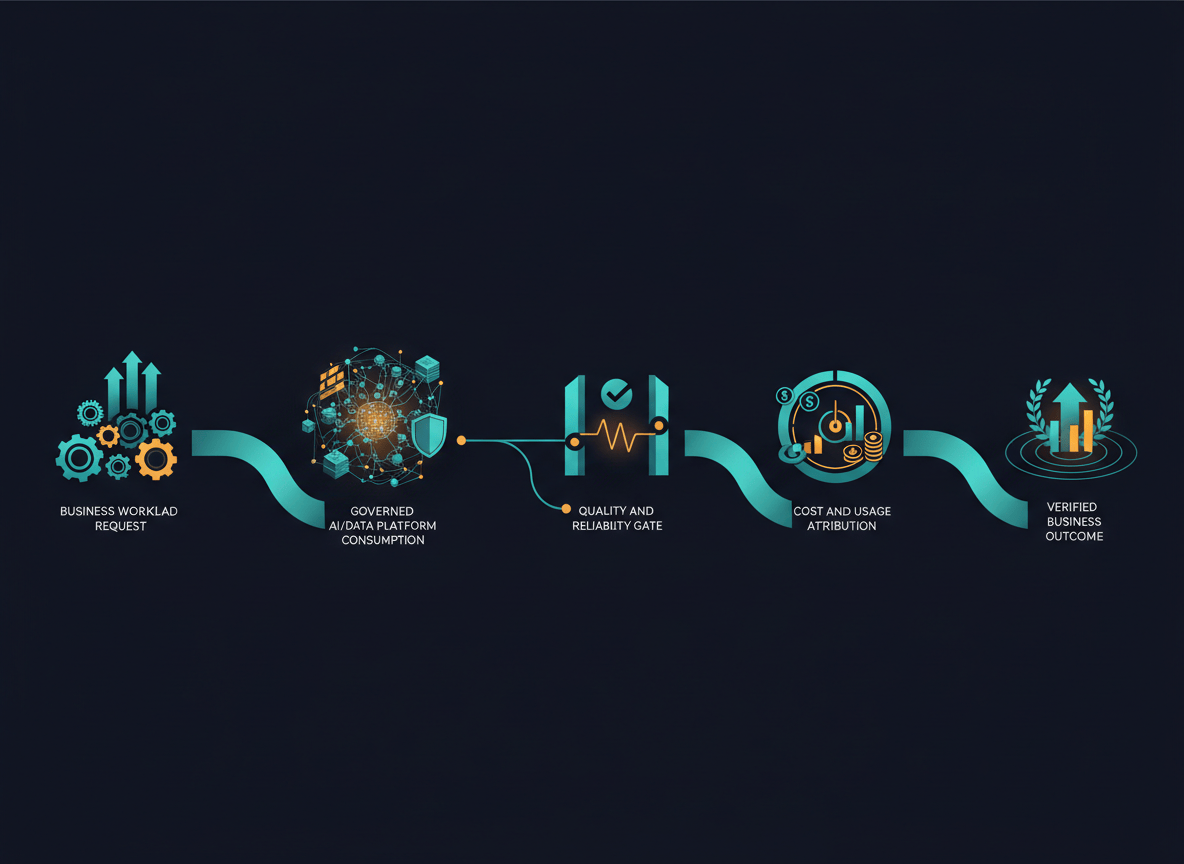 Five-stage enterprise AI consumption path from workload request to governed platform, quality gate, cost attribution, and verified outcome