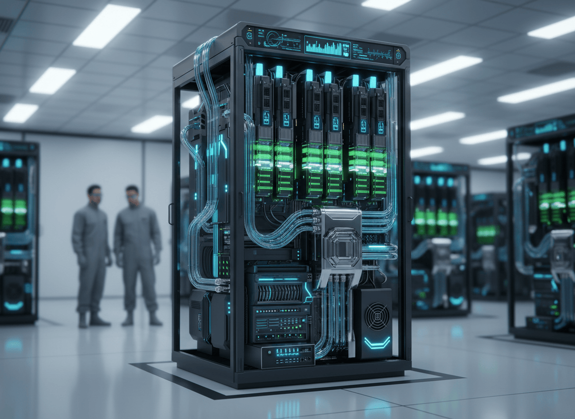 A heterogeneous liquid-cooled AI inference rack integrates accelerators, memory, networking, power, and operations monitoring