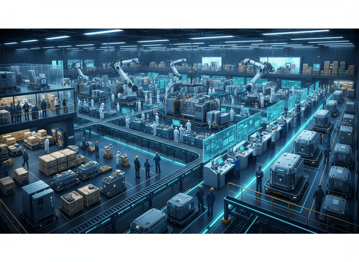 Conceptual Flow Factory linking supplier modules, kitting, assembly, qualification, output, and feedback as one manufacturing operating system