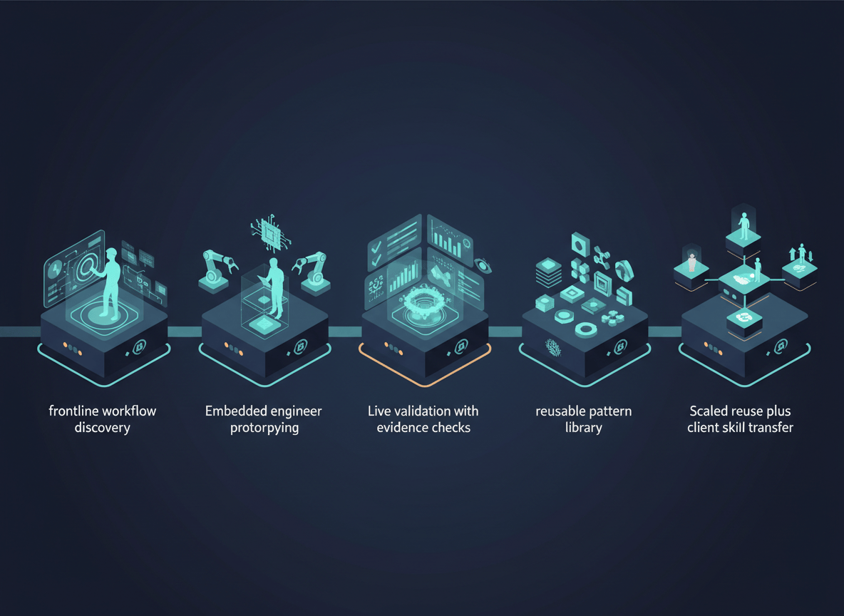 Five-stage forward-deployed AI learning loop from workflow discovery through validation, pattern extraction, and scaled client reuse