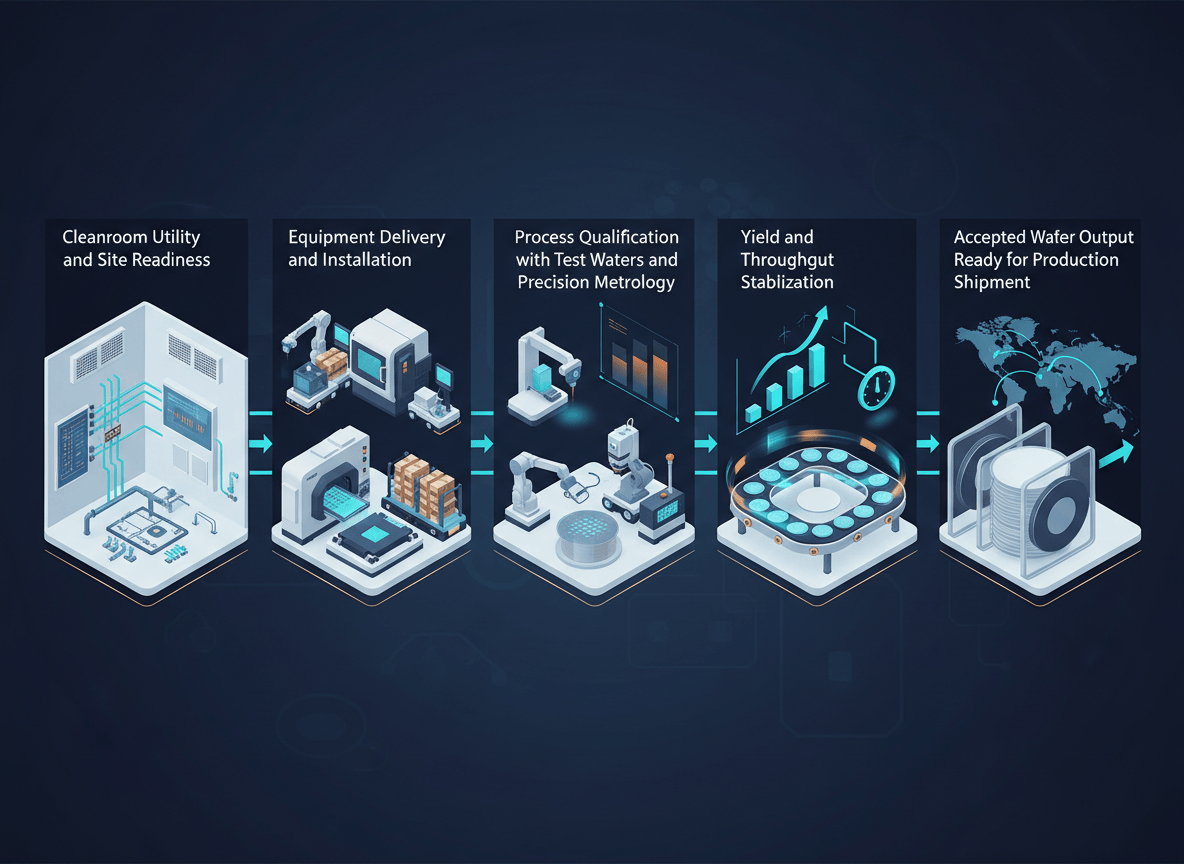 Five semiconductor equipment conversion gates from site readiness through installation, qualification, stabilization, and productive capacity