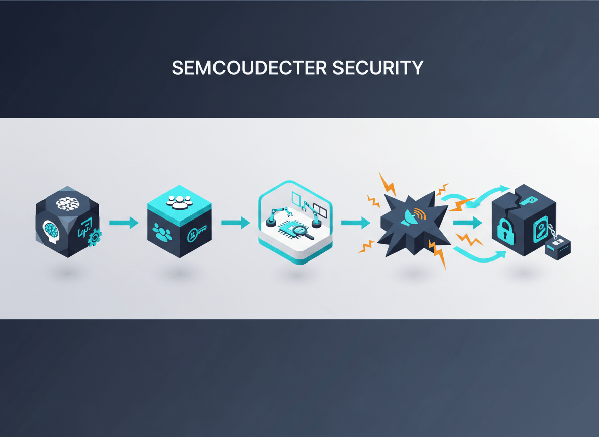 Five-stage semiconductor knowledge security path from classification and authorization to controlled use, risk review, and exit evidence