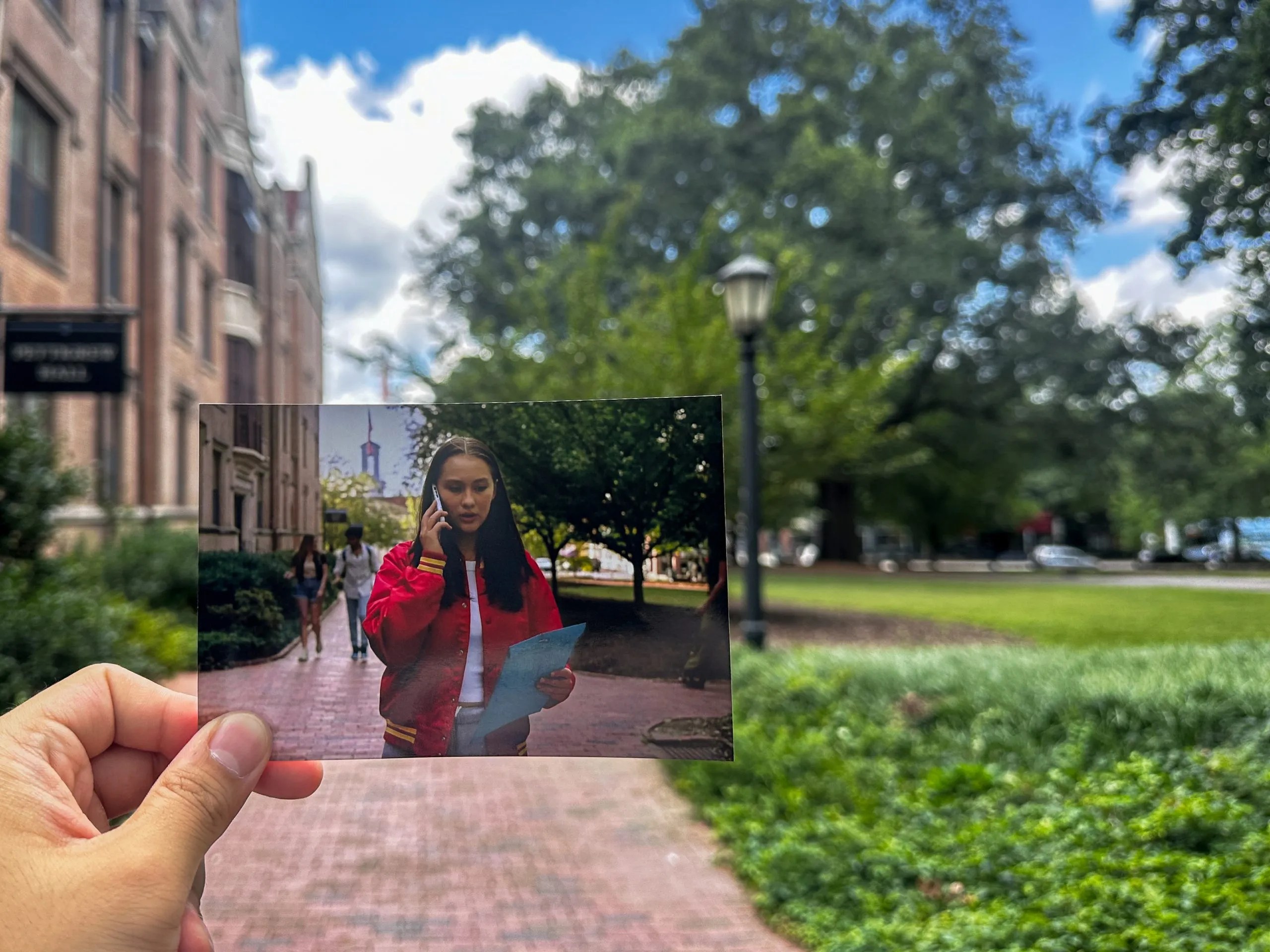 A scene from "The Summer I Turned Pretty" and the spot where it was filmed on campus. Photo courtesy Andrew Lam for UNC-CH.