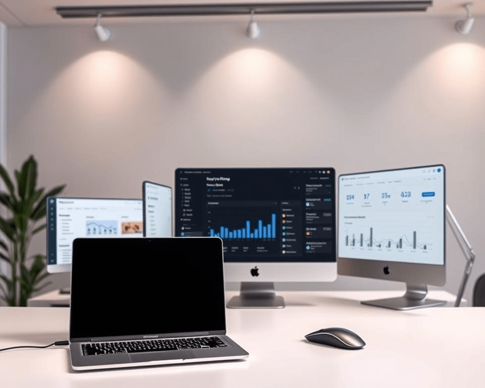 A modern and minimalist desktop setup featuring a variety of keyword research tools. In the foreground, a sleek laptop and a stylish mouse rest on a clean, white desktop. In the middle ground, several digital screens display different keyword research dashboards, showcasing insightful data and analytics. The background features a simple, elegant office environment with neutral-toned walls and subtle lighting, creating a professional and productive atmosphere. The overall mood is one of efficiency, organization, and the pursuit of impactful keyword research for better SEO.