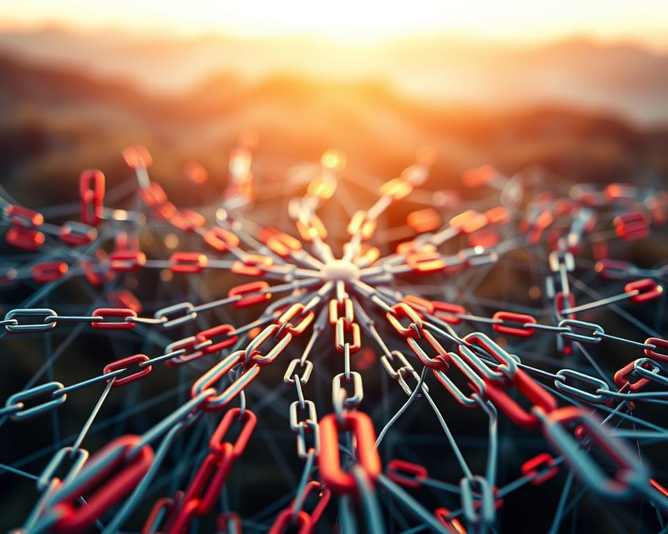 A detailed visual representation of interconnected hyperlinks, symbolizing the key components of off-page SEO. In the foreground, a complex web of backlinks in various colors and thicknesses, representing the different types and strengths of external links. In the middle ground, a central hub with nodes radiating outward, illustrating how these backlinks contribute to a website's online presence and search engine rankings. The background features a subtle gradient, evoking a sense of depth and digital landscape. Crisp, high-resolution rendering with a sleek, modern aesthetic, illuminated by warm, directional lighting to emphasize the interconnectivity and importance of off-page optimization. A detailed visual representation of interconnected hyperlinks, symbolizing the key components of off-page SEO. In the foreground, a complex web of backlinks in various colors and thicknesses, representing the different types and strengths of external links. In the middle ground, a central hub with nodes radiating outward, illustrating how these backlinks contribute to a website's online presence and search engine rankings. The background features a subtle gradient, evoking a sense of depth and digital landscape. Crisp, high-resolution rendering with a sleek, modern aesthetic, illuminated by warm, directional lighting to emphasize the interconnectivity and importance of off-page optimization.