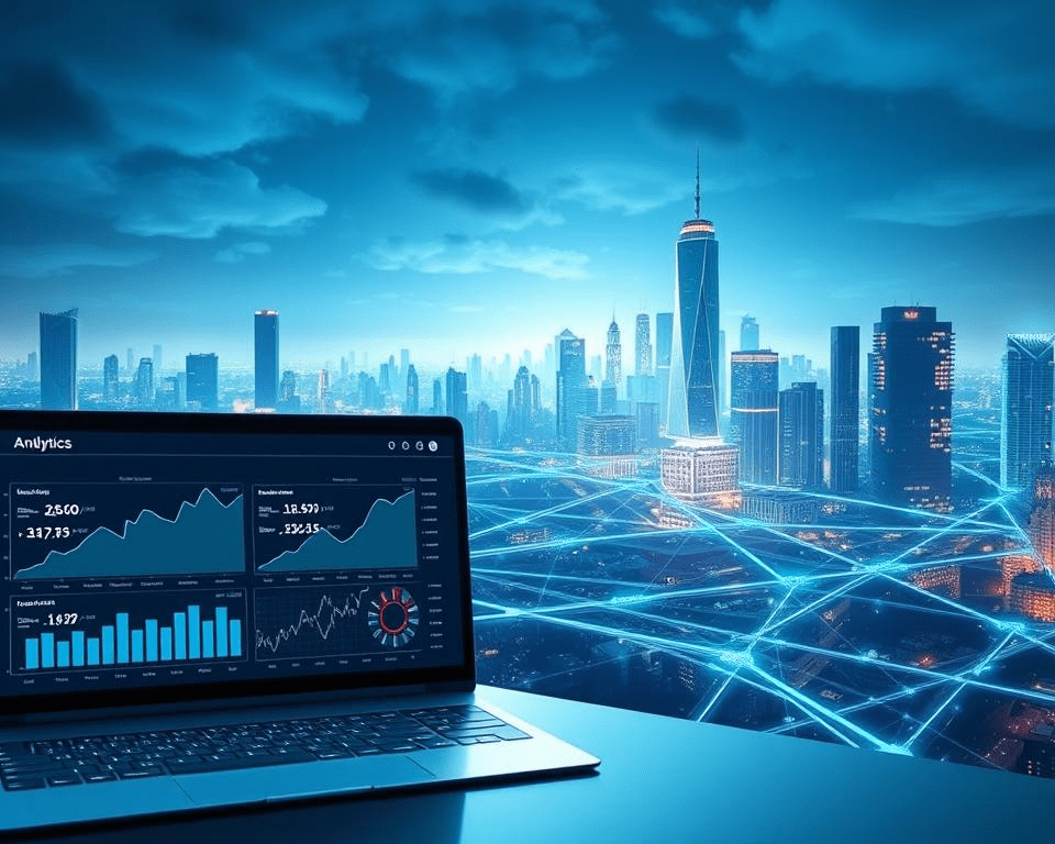 A digital landscape depicting the key components of analytics tracking. In the foreground, a sleek dashboard displays real-time metrics and insights, with interactive graphs and charts. In the middle ground, a network of data streams and algorithms converge, visualizing the flow of information. In the background, a cityscape of skyscrapers and technology hubs, symbolizing the scale and scope of modern marketing analytics. The scene is bathed in a cool, futuristic glow, with precise lighting highlighting the technological prowess. The overall mood is one of clarity, precision, and the power of data-driven decision-making.