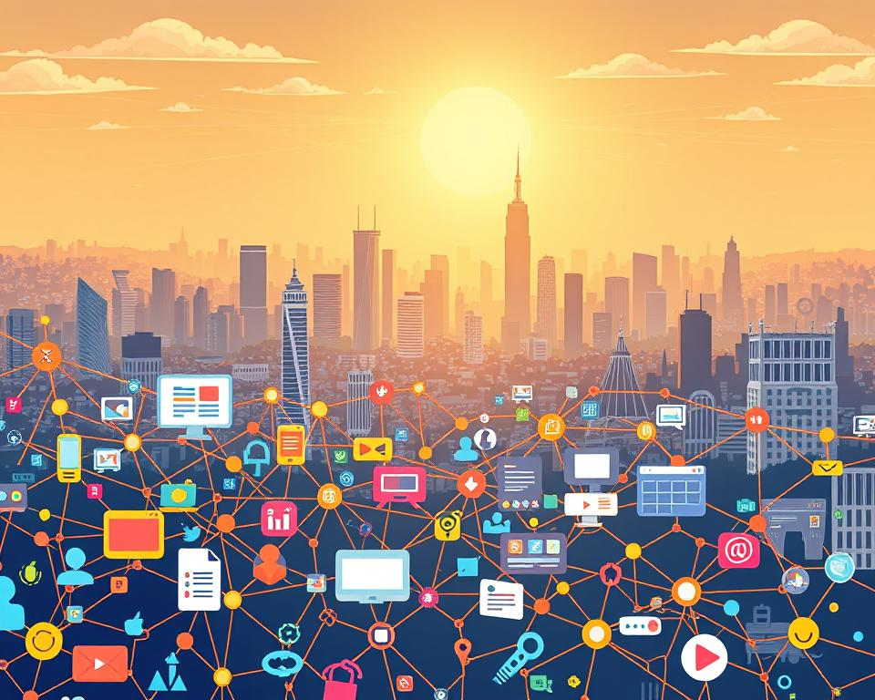 A dynamic and vibrant illustration showcasing a range of interconnected link building strategies. In the foreground, a network of hyperlinked icons and symbols, representing various tactics such as guest posting, broken link building, and influencer outreach. In the middle ground, a landscape of diverse web pages, blogs, and social media platforms, connected by a maze of colorful lines and arrows. In the background, a cityscape of towering skyscrapers, symbolizing the scale and complexity of the online landscape. The scene is illuminated by a warm, golden light, conveying a sense of growth, collaboration, and synergy. The overall composition is sleek, modern, and visually captivating, capturing the essence of effective link building for businesses.