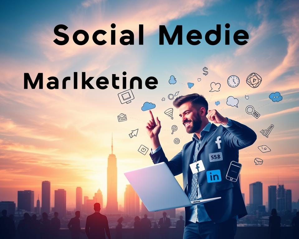 A dynamic, visually engaging image of "Social Media Marketing for Solopreneurs". In the foreground, a solopreneur enthusiastically interacting with various social media platforms on a laptop, surrounded by icons and graphics representing key social media concepts. The middle ground features a bustling cityscape with skyscrapers and silhouettes of people, symbolizing the global reach and interconnectivity of social media. The background showcases a vibrant, pastel-hued sky with wispy clouds, conveying a sense of positivity and opportunity. The lighting is soft and warm, creating a welcoming and inspirational atmosphere. The overall composition and color palette evoke a modern, tech-savvy, and entrepreneurial vibe.