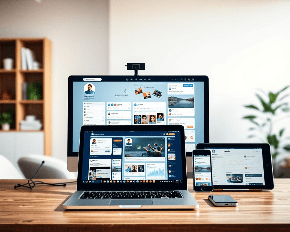 A neatly arranged digital desktop with various social media platform icons strategically positioned, conveying a sense of organized and cohesive social media presence for a small business. The desktop is illuminated by a warm, natural light, creating a professional and inviting atmosphere. In the foreground, a sleek laptop displays social media profile templates, allowing for easy customization. The middle ground features various digital devices, such as a tablet and smartphone, showcasing different social media apps and analytics. The background is a blurred, minimalist office setting, emphasizing the focus on the digital aspects of the small business's social media setup.