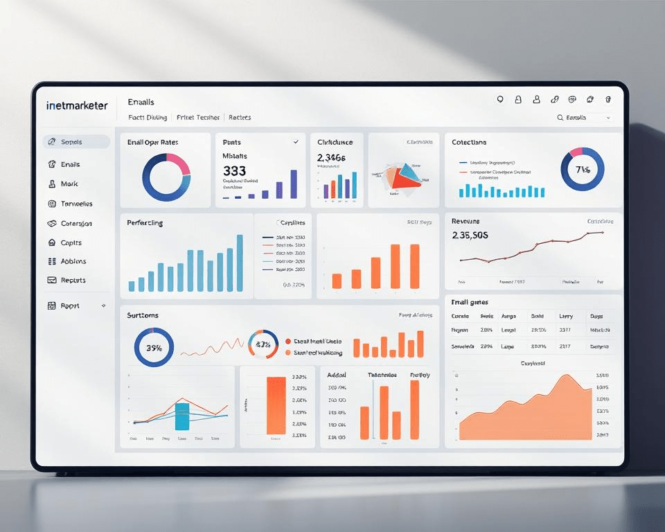A sleek, data-driven email marketing analytics dashboard, featuring a bold. increase ROI with email marketing display board. The foreground showcases a variety of interactive charts, graphs, and performance metrics, including email open rates, click-through rates, conversion funnels, and revenue attribution. The middle ground features a clean, minimalist interface with intuitive navigation controls and customizable report generation tools. The background presents a sophisticated, high-contrast color scheme with muted tones, creating a sense of professionalism and authority. Lighting is soft and directional, casting subtle shadows that enhance the depth and dimensionality of the design. The overall mood is one of strategic insight, empowering marketers to leverage data-driven decision-making for improved email ROI.