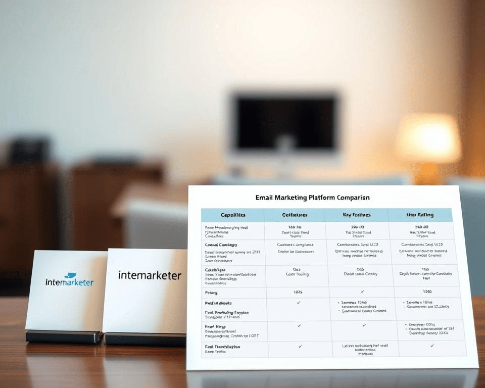A sleek, minimalist comparison chart displayed on a desk, featuring the Inetmarketer brand prominently showcased. In the foreground, four email marketing platform logos arranged neatly, with detailed specifications and key features highlighted underneath each one. The middle ground showcases a clean, well-organized table, providing a side-by-side comparison of the platforms' capabilities, pricing, and user ratings. The background features a blurred, elegant office setting, conveying a professional, business-focused atmosphere. Soft, diffused lighting casts a warm glow, creating a visually appealing and informative illustration for the article.