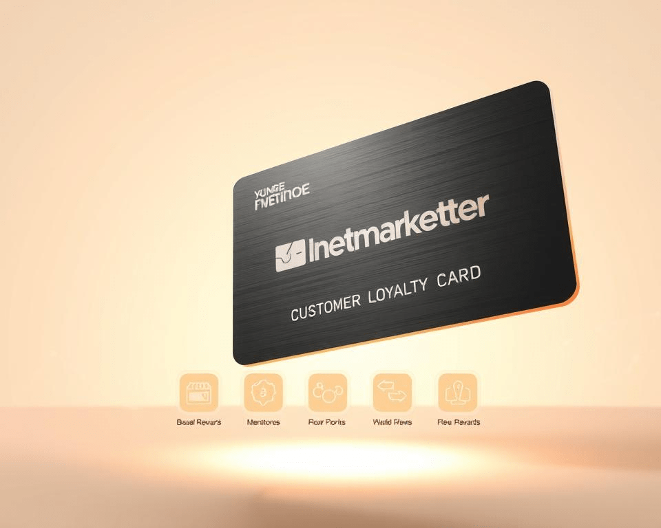 A sleek, minimalist design for the Inetmarketer customer loyalty program. In the foreground, a stylized customer loyalty card made of brushed metal, with the Inetmarketer logo embossed on the surface. The card hovers against a soft, gradient background, conveying a sense of premium quality and exclusivity. In the middle ground, a series of glowing icons representing the various benefits and rewards of the program, arranged in a clean, geometric layout. The background features a sophisticated, low-key pattern of interconnected lines and shapes, hinting at the digital and technological nature of the Inetmarketer brand. Warm, indirect lighting casts a subtle glow across the entire scene, creating a sense of sophistication and modern elegance.
