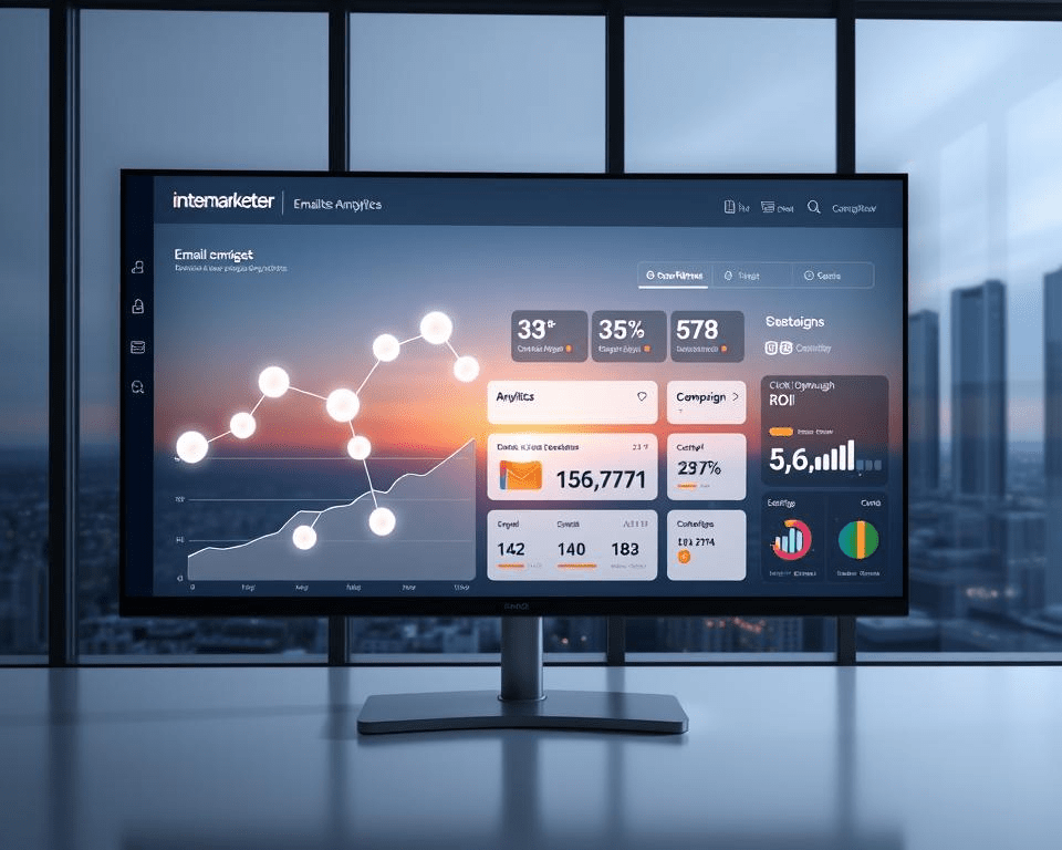 A sleek, minimalist email marketing analytics dashboard displayed on a large, high-resolution monitor. In the foreground, a stylized line graph showcases email campaign performance metrics, with data points represented by glowing, translucent spheres. The middle ground features several customizable widgets, including an overview of subscriber growth, email open and click-through rates, and campaign ROI. In the background, a serene city skyline is visible through the window, bathed in the warm glow of sunset. The branding "Inetmarketer" is subtly incorporated into the design, blending seamlessly with the overall aesthetic. The entire scene is illuminated by a soft, diffused lighting that creates a professional, elegant atmosphere.