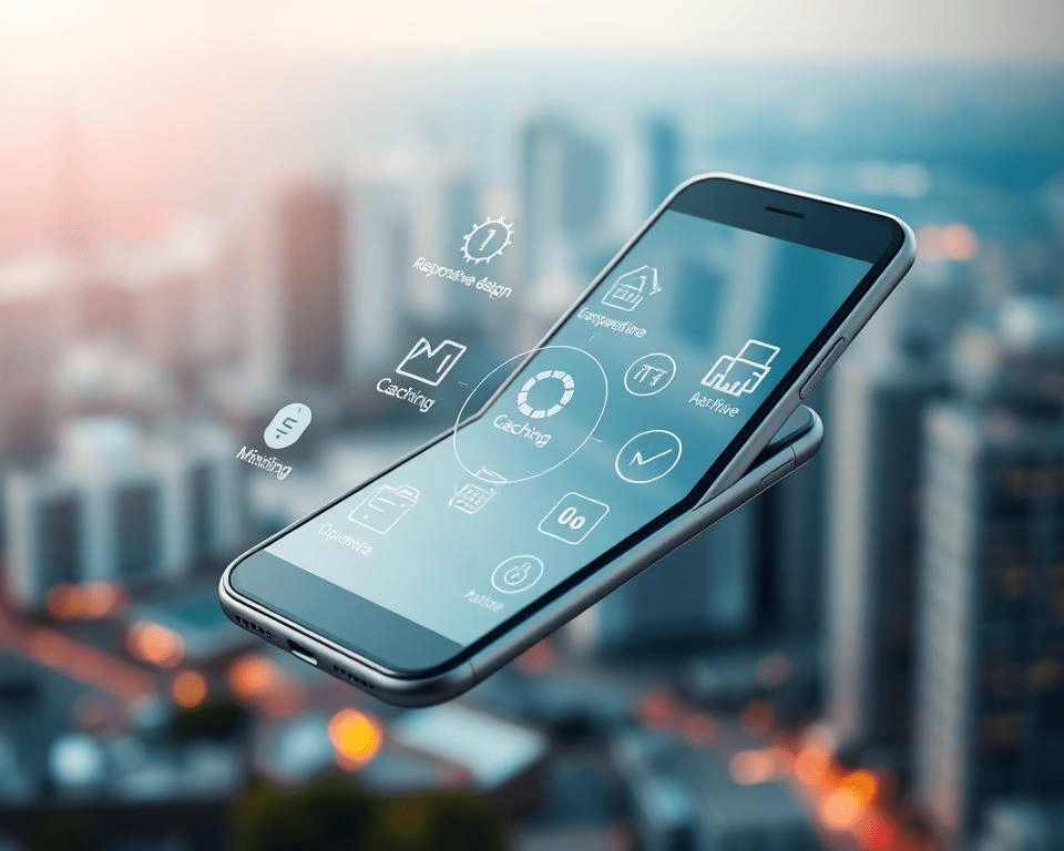 A sleek, modern-looking smartphone floating in the foreground, showcasing various mobile optimization elements like responsive design, fast loading times, and intuitive user interface. In the middle ground, a series of geometric shapes and icons representing different mobile optimization techniques, such as image compression, caching, and code minification. The background features a blurred cityscape, symbolizing the digital landscape in which mobile-optimized websites thrive. The overall scene is illuminated by a warm, natural light, creating a sense of harmony and balance.