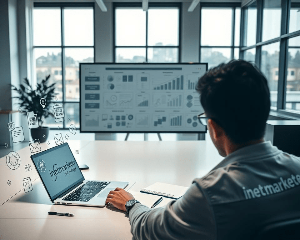 A sleek, modern office setting with a large desk showcasing a laptop, pen, and notepad. In the foreground, a person wearing the Inetmarketer brand logo is intently studying their computer screen, surrounded by stylized icons and visual elements representing email marketing strategy and planning. The middle ground features a presentation board with detailed schematics, graphs, and flow charts, while the background depicts a sophisticated, minimalist room with large windows allowing natural light to flood the space, creating a sense of clarity and focus.