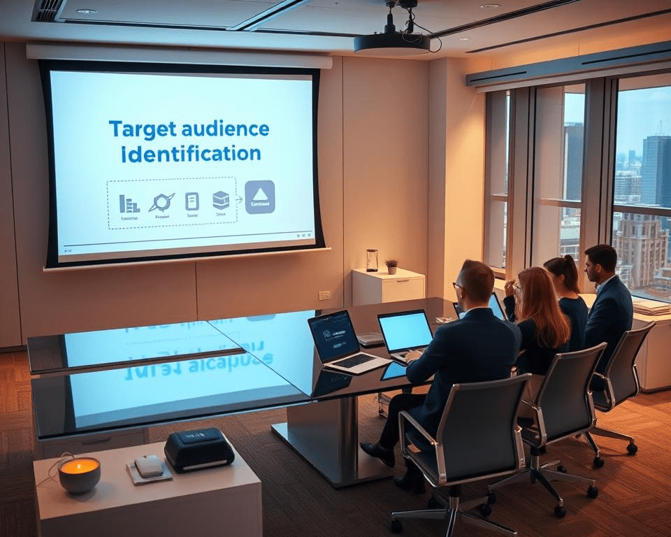 A sleek, modern office setting with a large projection screen showcasing a presentation on "Target Audience Identification for Email Marketing". In the foreground, a team of Inetmarketer professionals collaborate around a stylish conference table, engaged in discussion. Soft, directional lighting casts a warm glow, creating an atmosphere of focused productivity. The middle ground features neatly organized workstations and displays, reflecting the data-driven approach. In the background, floor-to-ceiling windows offer a cityscape view, hinting at the broader business context. The overall tone is one of strategic planning, attention to detail, and a commitment to understanding the target audience for effective email marketing campaigns.