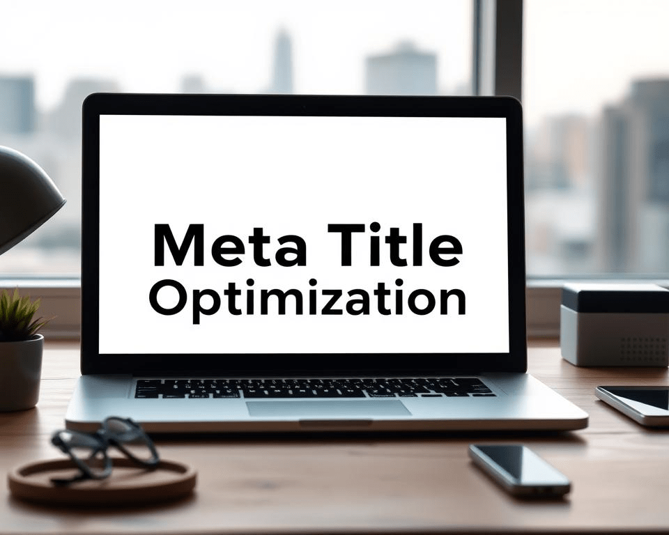 A sleek, modern website interface showcases an open laptop screen displaying "Meta Title Optimization" in a bold, minimalist font. The laptop sits on a minimalist, wooden desk, with a plant and simple desk accessories in the foreground. Soft, directional lighting illuminates the scene, casting subtle shadows and highlighting the clean, elegant design. In the background, a blurred cityscape or nature scene provides a serene, professional backdrop, emphasizing the importance of well-crafted meta titles for effective website optimization.