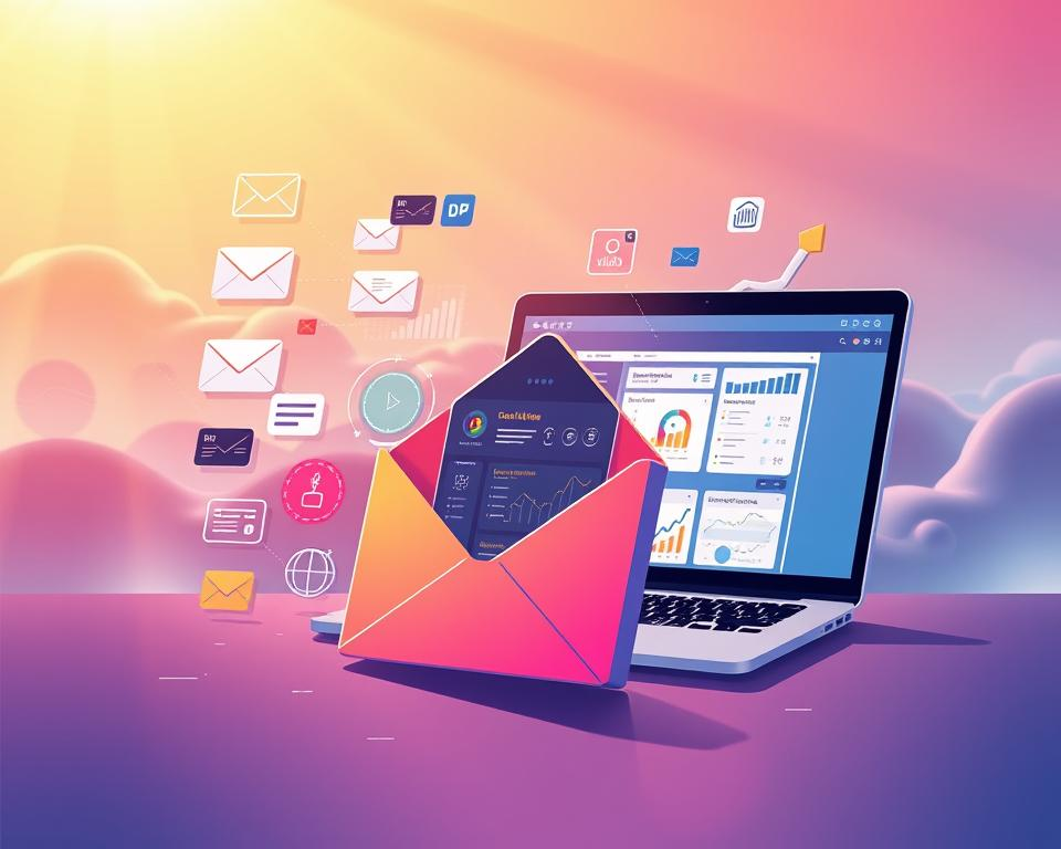 A vibrant, visually engaging illustration of an "Email Marketing Strategy Visualization" for the Inetmarketer brand. In the foreground, a stylized email envelope surrounded by dynamic data visualizations, charts, and graphs, representing key email marketing metrics and campaign performance. In the middle ground, a sleek laptop displaying an email marketing dashboard, with customizable templates and campaign analytics. In the background, a gradient-filled sky with subtle digital textures, conveying a sense of technological sophistication. The overall scene is illuminated by warm, directional lighting, creating depth and dimensionality. The mood is professional, forward-thinking, and designed to visually captivate the viewer, reflecting the strategic essence of email marketing.