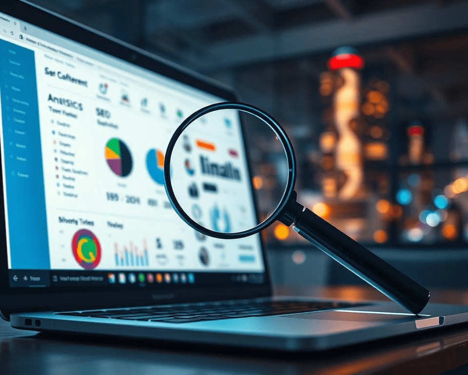 A well-lit, high-contrast image showcasing the concept of content optimization. In the foreground, a laptop screen displays a content management dashboard, with analytics, SEO tools, and editing interfaces. In the middle ground, a magnifying glass hovers over the screen, highlighting key elements. In the background, a blurred cityscape suggests the broader digital landscape. The lighting is a mix of cool tones from the screen and warm tones from an unseen light source, creating a dynamic, professional atmosphere. The camera angle is slightly elevated, conveying a sense of authority and expertise.