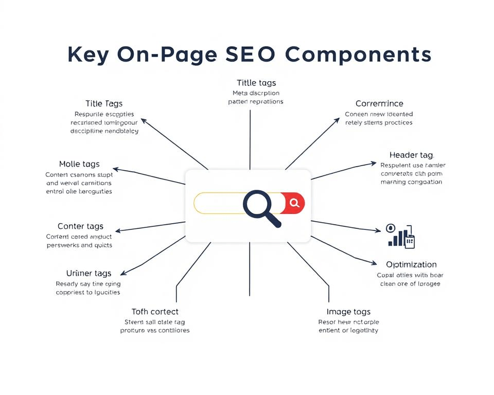 An intricate diagram showcasing the key on-page SEO components against a clean, minimalist background. In the foreground, a series of interconnected graphic elements represent essential on-page factors like title tags, meta descriptions, header tags, content optimization, and image optimization. In the middle ground, a stylized search engine interface with a magnifying glass icon suggests the importance of these elements for improving search visibility. The background features a subtle grid pattern, conveying the structured, technical nature of on-page SEO. The overall composition is sleek, modern, and visually engaging, designed to effectively illustrate the "Key On-Page SEO Components" section of the article.