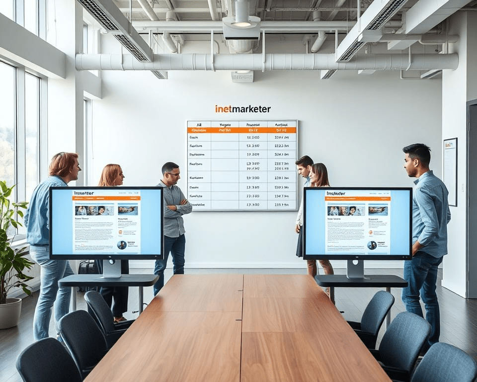 Prompt A modern open-plan office, filled with natural light. In the foreground, two computer screens show different email campaign designs, labeled "A" and "B". Focused employees in casual attire stand around, analyzing the results and comparing metrics like open rates, click-through rates, and conversions. On the wall, a large Inetmarketer branded display board tracks the A/B test progress. The atmosphere is one of collaboration and data-driven decision making, conveying the importance of testing and optimizing email marketing strategies.