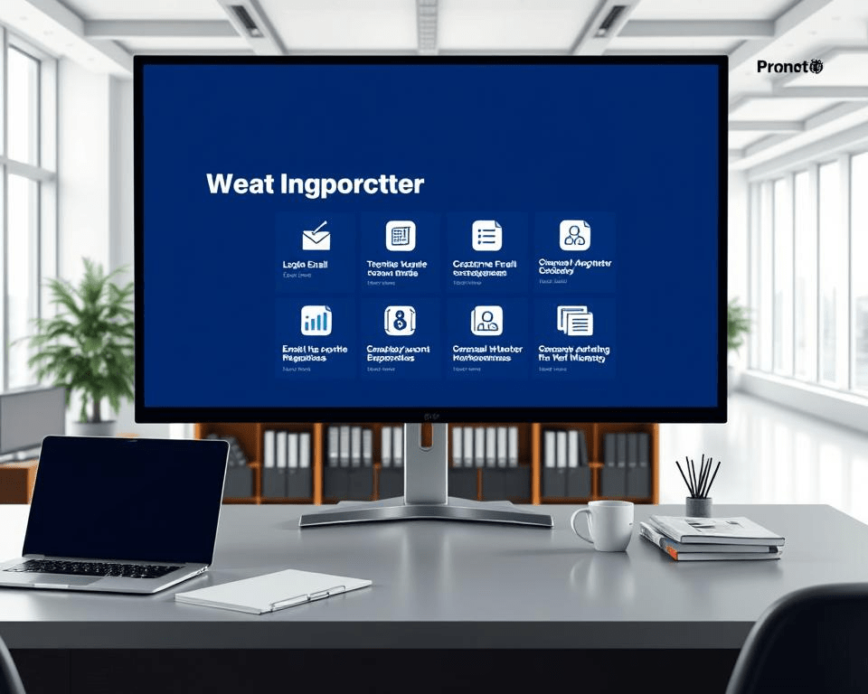 Prompt A sleek, modern office workspace with a large monitor displaying the Inetmarketer platform for email marketing platform's customer support resources. The foreground showcases a neatly organized desk with a laptop, coffee mug, and a stylized Inetmarketer logo. The middle ground features a bookshelf filled with technical manuals and support documentation. The background depicts a bright, airy room with floor-to-ceiling windows, allowing natural light to flood the space. The overall atmosphere conveys a sense of professionalism, efficiency, and a commitment to providing comprehensive support resources for Inetmarketer users.