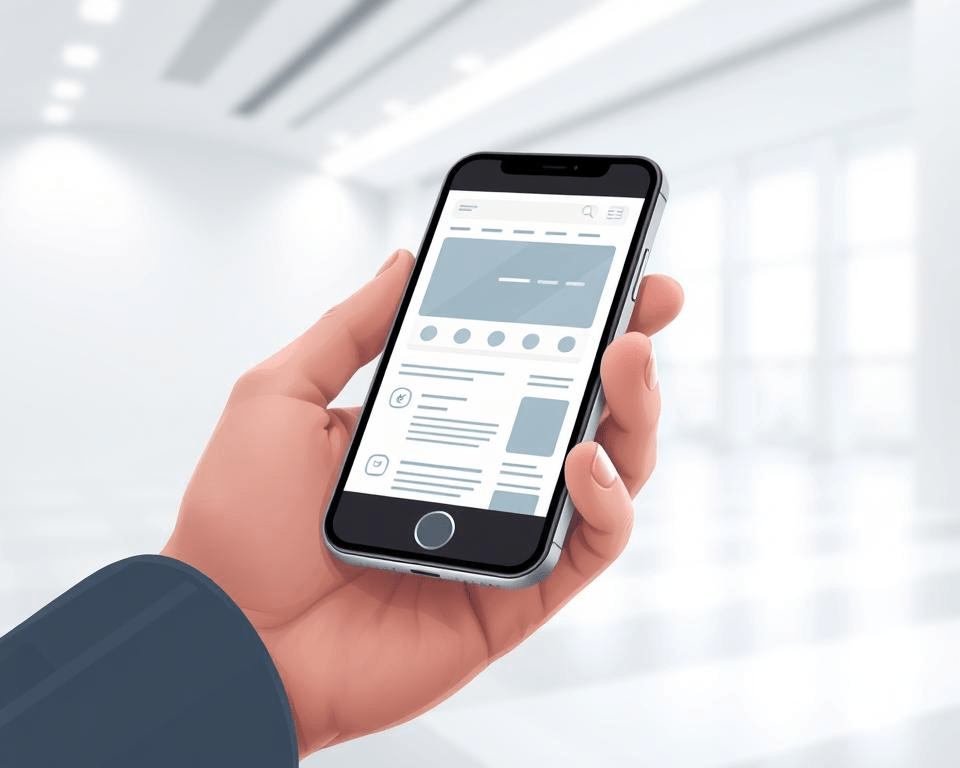 a high-resolution digital illustration of a mobile device in use, showcasing an engaging and intuitive user interface. The device is held in the hand of a person, with the screen displaying a clean, responsive design featuring icons, buttons, and content layout optimized for mobile viewing. The scene is set in a modern, minimalist environment with soft, diffused lighting, creating a calm and professional atmosphere. The composition emphasizes the seamless integration of the mobile device with the user's interaction, highlighting the importance of mobile optimization for website performance and user experience.