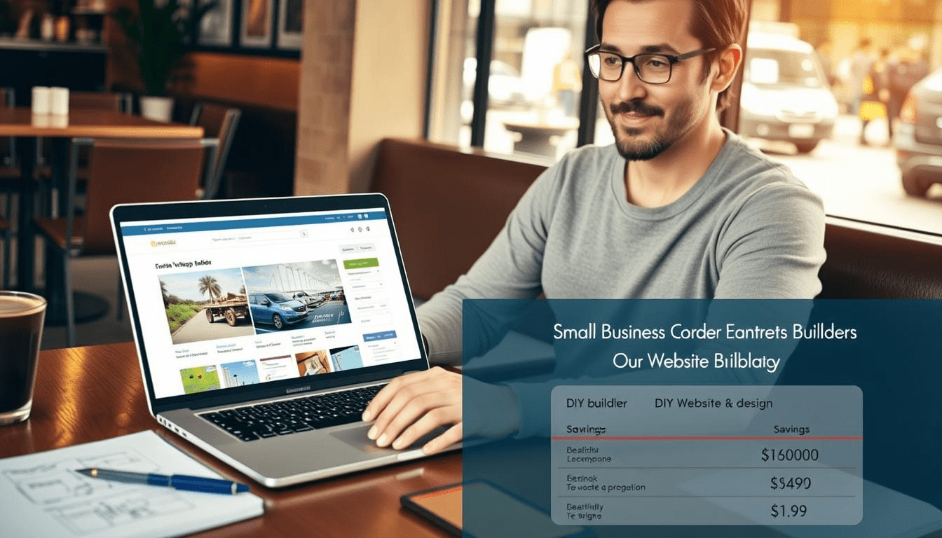 Small business owner designing a website on laptop with cost comparison chart showing savings from DIY approach